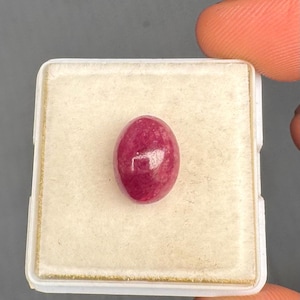 Könnte beinhalten: Ein polierter, ovaler, tief rosa-roter Edelstein mit einer glatten, abgerundeten Cabochon-Oberfläche. Der Stein ist mittig auf einem quadratischen, cremeweißen, strukturierten Schaumstoffeinsatz in einer kleinen, klaren Kunststoffbox platziert.