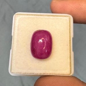 Op de afbeelding: Een gepolijste, ovaalvormige robijn met een diepe magenta-rode kleur en een glad, in cabochon geslepen oppervlak. De edelsteen is gecentreerd in een vierkant, wit plastic displaydoosje met een zachte, crèmekleurige schuimrubberen inzet.