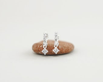 Dainty Solitaire Dangle Huggie Hoops, Sparkling Crystal Drop Earrings, Bridal Earrings, Small Silver Clicker Hoops, Gift for Her