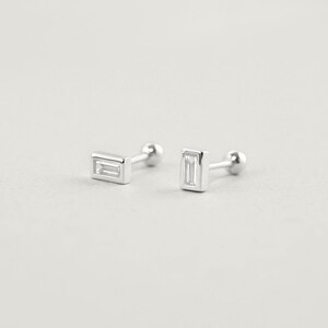 WREN Baguette CZ Diamond Earrings, Simple Silver Ball Screw-Back Studs, Best Earring To Sleep In image 2