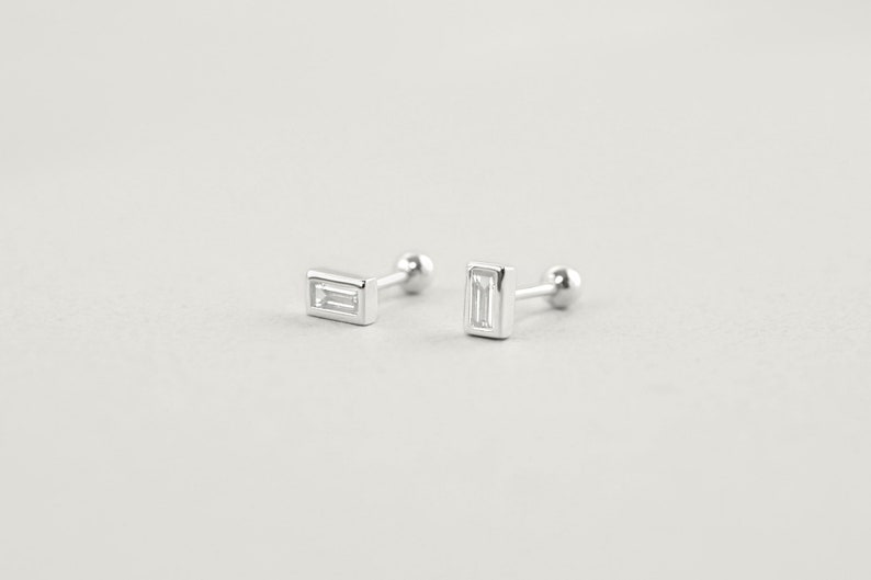 WREN Baguette CZ Diamond Earrings, Simple Silver Ball Screw-Back Studs, Best Earring To Sleep In image 2