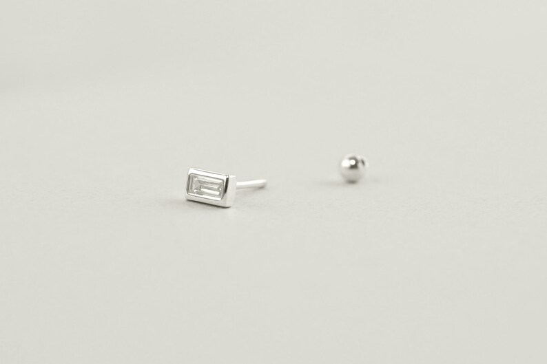 WREN Baguette CZ Diamond Earrings, Simple Silver Ball Screw-Back Studs, Best Earring To Sleep In image 3