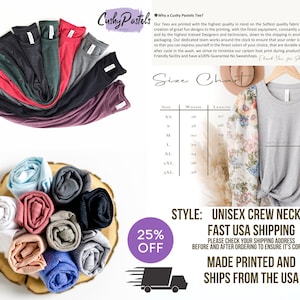 May include: A size chart for unisex crew neck t-shirts. The chart shows the width and length measurements in inches for sizes XS, S, M, L, XL, 2XL, and 3XL. The text "Style: Unisex Crew Neck Style" and "Fast USA Shipping" is also visible.