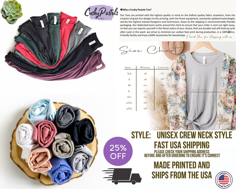 May include: A size chart for unisex crew neck t-shirts. The chart shows the width and length measurements in inches for sizes XS, S, M, L, XL, 2XL, and 3XL. The text "Style: Unisex Crew Neck Style" and "Fast USA Shipping" is also visible.