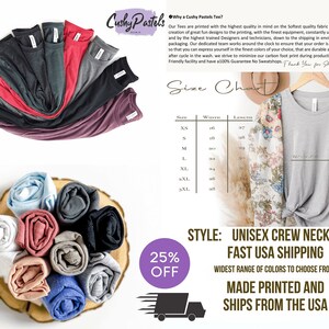 Puede incluir: Una variedad de colores de camisetas unisex de cuello redondo est&aacute;n enrolladas y se muestran en una superficie de madera. Las camisetas est&aacute;n hechas en los Estados Unidos y est&aacute;n disponibles en una amplia gama de colores. El texto "25% OFF" se muestra en un c&iacute;rculo morado. El texto "STYLE: UNISEX CREW NECK STYLE FAST USA SHIPPING WIDEST RANGE OF COLORS TO CHOOSE FROM MADE PRINTED AND SHIPS FROM THE USA" se muestra debajo de las camisetas.