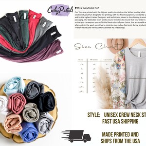 Puede incluir: Una tabla de tallas para camisetas de cuello redondo unisex en una variedad de colores. La tabla muestra las medidas de ancho y largo para las tallas XS a 3XL. El texto "STYLE: UNISEX CREW NECK STYLE FAST USA SHIPPING MADE PRINTED AND SHIPS FROM THE USA" tambi&eacute;n es visible.