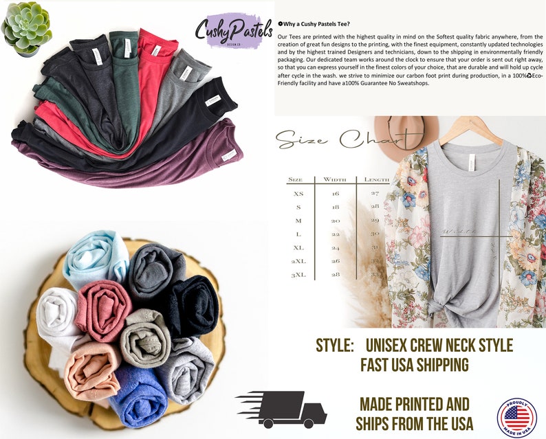Puede incluir: Una tabla de tallas para camisetas de cuello redondo unisex en una variedad de colores. La tabla muestra las medidas de ancho y largo para las tallas XS a 3XL. El texto "STYLE: UNISEX CREW NECK STYLE FAST USA SHIPPING MADE PRINTED AND SHIPS FROM THE USA" tambi&eacute;n es visible.