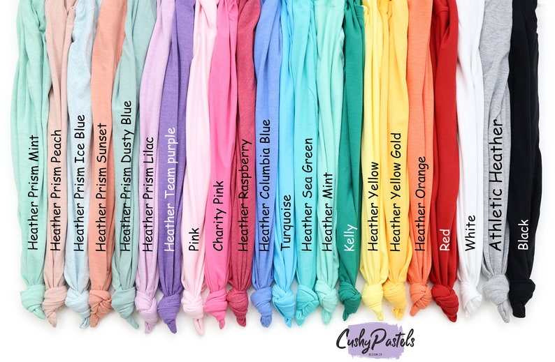 May include: A variety of t-shirt colors, including Heather Prism Mint, Heather Prism Peach, Heather Prism Ice Blue, Heather Prism Sunset, Heather Prism Dusty Blue, Heather Prism Lilac, Heather Team Purple, Pink, Charity Pink, Heather Raspberry, Heather Columbia Blue, Turquoise, Heather Sea Green, Heather Mint, Kelly, Heather Yellow, Heather Yellow Gold, Heather Orange, Red, White, Athletic Heather, and Black. Cushy Pastels.