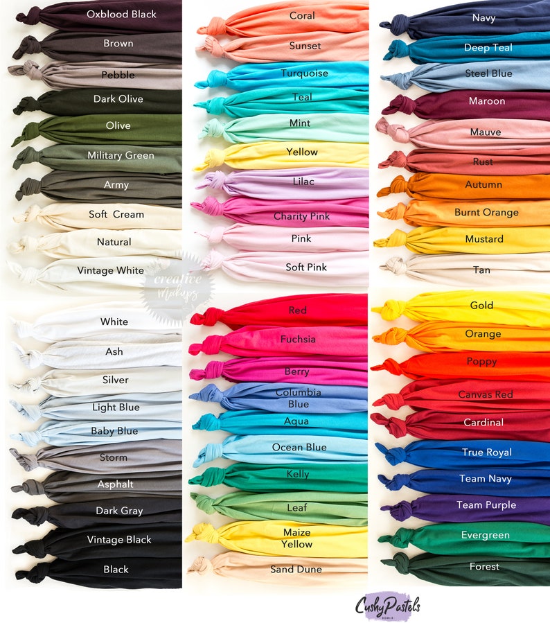 May include: A color chart of 48 different fabric swatches, each with a name label. The swatches are arranged in three columns, with each column representing a different color family. The color families are: warm colors, cool colors, and neutral colors.