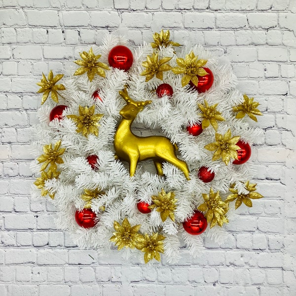 Golden Stag Holiday Wreath, Gold and Red Wreath, White Evergreen Christmas Wreath, Retro Holiday Wreath, Winter Deer Wreath for Front Door