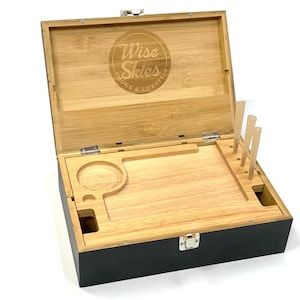 Wise Skies Bamboo Wooden Ultimate Rolling Box with Glass Jar and Rolling Tray Wooden Stash Box