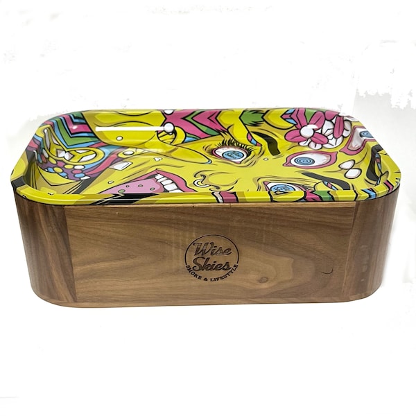 Psychedelic Rolling Box Medium Tray Stash Box Rolling Box Organiser Walnut Wood