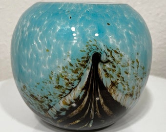 Swirled Round Blue Art Glass Vase Hand Blown