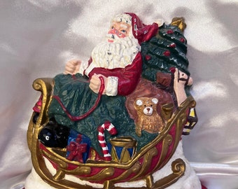 Vintage SANTA in  Sleigh Candy Toys Solid Cast Iron Heavy STOCKING HOLDER Double Hanger A196