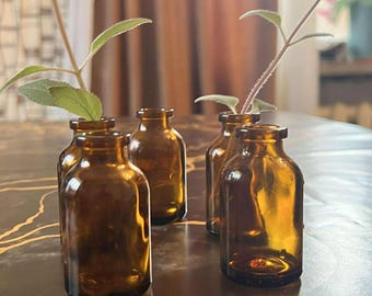 Set of 5 Vintage Amber Glass Apothecary Bottles 1 oz / Mini Decorative Vases / Poland 1990s Brown Glass Jars