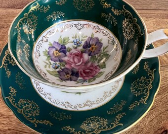 Shafford Tea Cup and Saucer Hand Decorated Japan Green  Gold Vintage Tea Cup and Saucer  AP0124