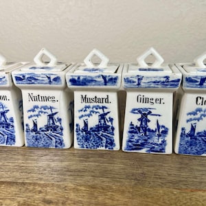 Antique Germany Blue And White Windmill-Themed Spice Canister  4.5&quot; Tall 5Pc