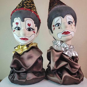 Escultura de cerámica de payaso con cabeza de arlequín Pierrot vintage pintada a mano H-14.5''