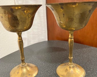 Brass Chalice, Set of 2  Brass Goblet, 2 ton metal, inside is silver ton metal,  outside -gold ton metal, H- 6 inch 052404