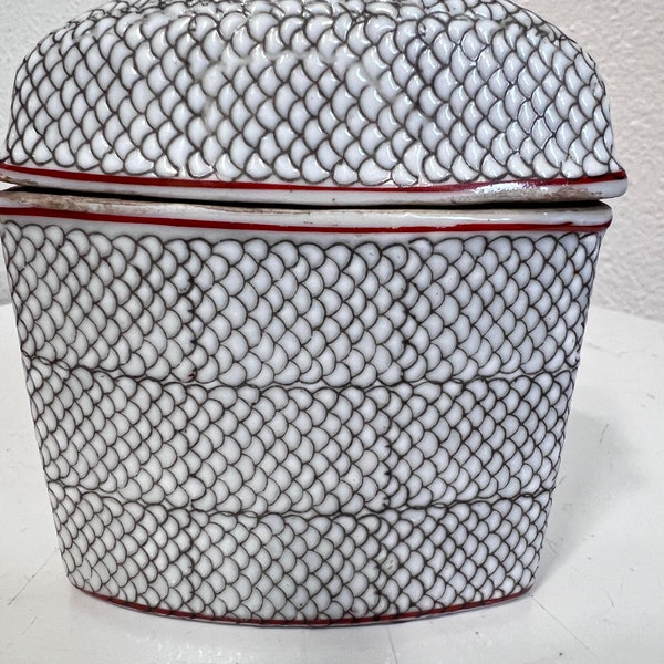 Vintage Porcelain Tobacco Jar with Lid Snake Skin  Design White , Grey Porcelain Box A1123