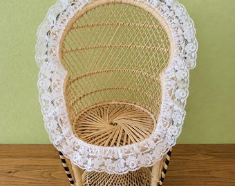 Large 16" Wicker Peacock Rattan Chair, Vintage Plant Stand, Doll Furniture Vintage