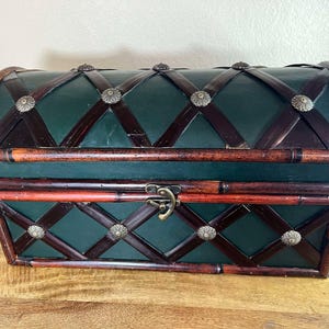 Retro Brutalist Style  Dome Top Wood Leather Tooled Hand Painted Trunk, jewelry chest treasure chest Long- 17&#39;&#39;
