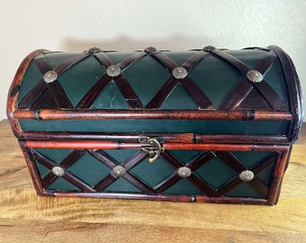 Retro Brutalist Style Trunk, Leather Tooled Wood Chest (17'')