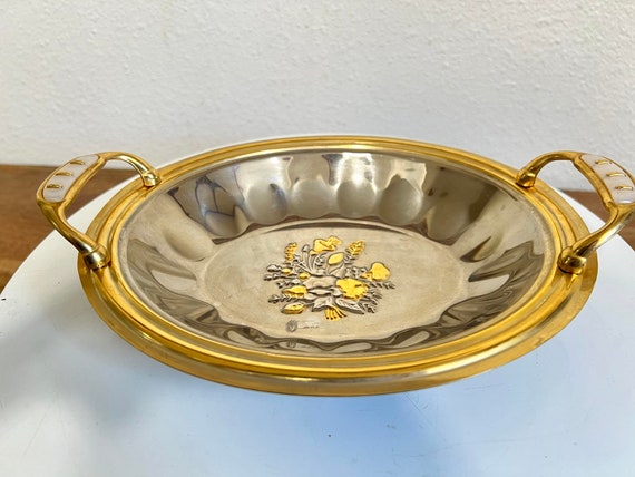 置物  GOLD DISH Vintage Inox 18/10 Oro 24 Kt Etched Gold/silver Tray ,serving Bowl