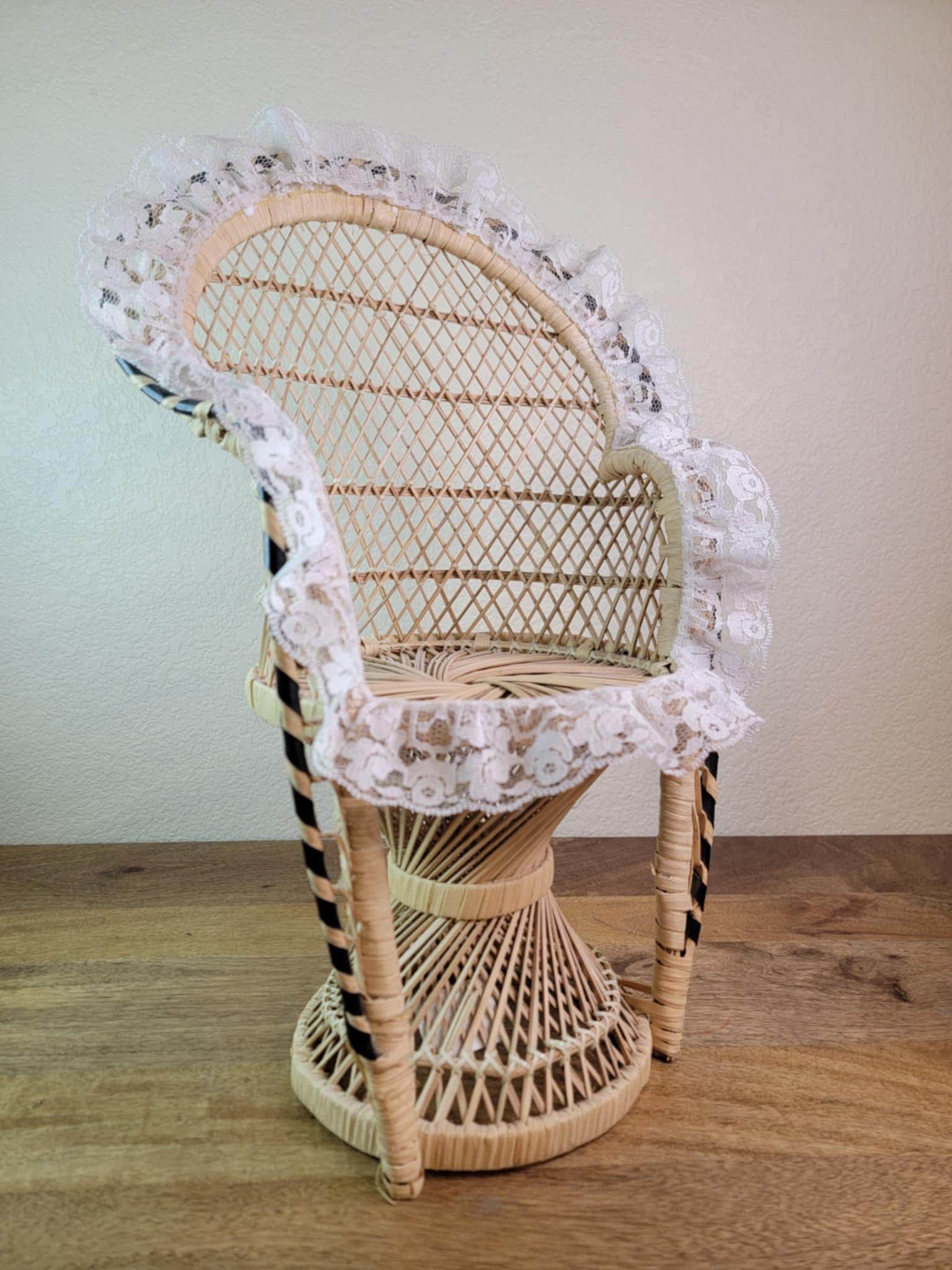Vintage Large 16" Wicker Peacock Rattan Chair, Vintage Plant Stand, Doll Furniture