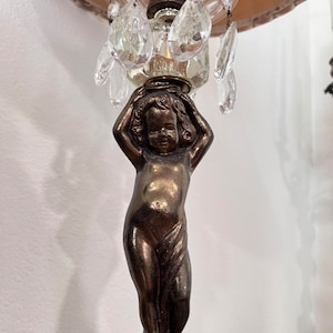 Vintage Cherub Lamp with Teardrop Crystals Marble Base Hollywood Regency