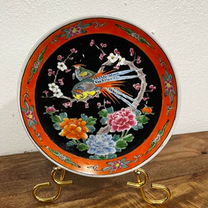 Meiji Period Japanese Yamatoku Birds of Paradise Porcelain Plate Black and Orange 8.5&#39;&#39;