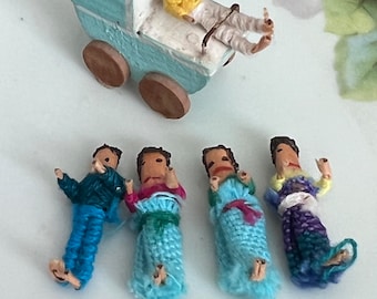 Vintage Miniature Worry Dolls Set of 5 with Baby Doll Carriage