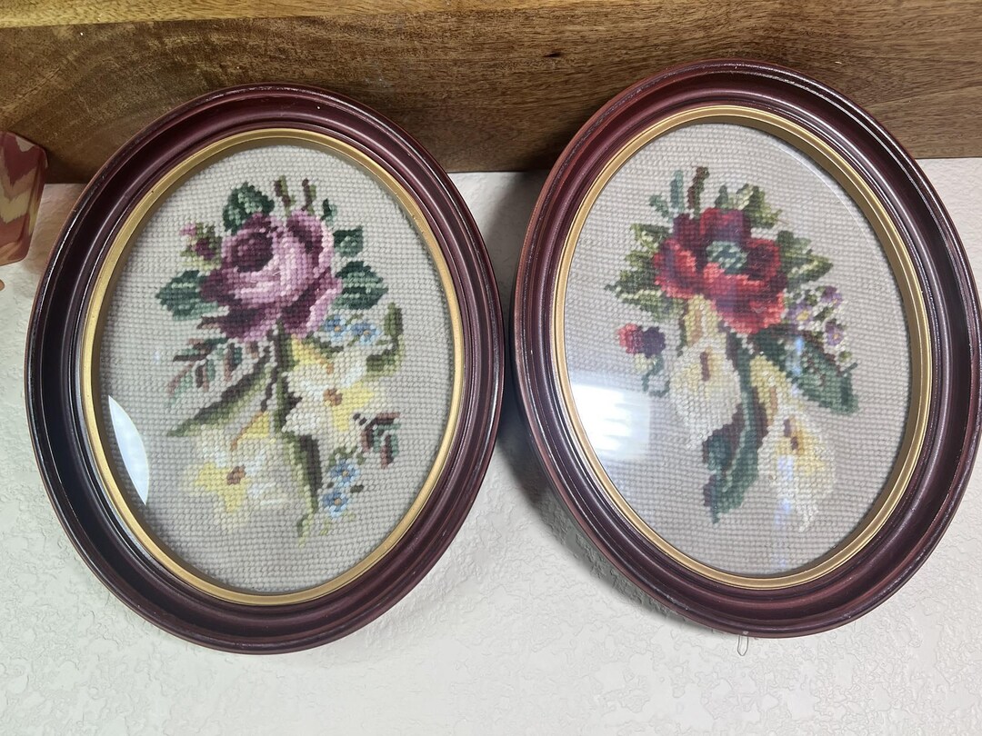 Set of 2 Antique Floral Needlepoint Oval Frames - Etsy