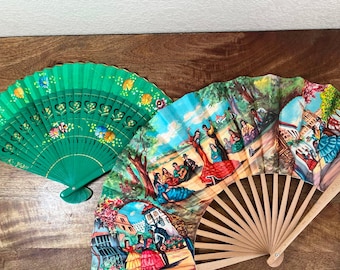 Vintage Spanish Hand Fans Your Choice Green Floral Painted Wood Flamenco Fan
