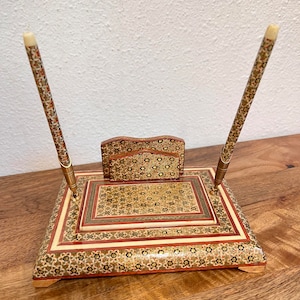 Vintage Khatam-pennenbureauset handgemaakt met houtmozaïek inlegwerk PERZISCHE brievenhouder met 2 pennen