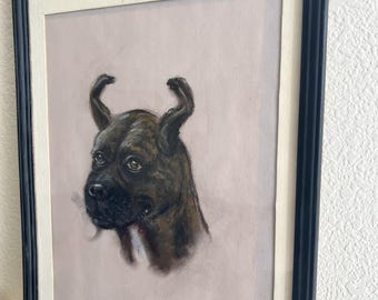 ボクサー犬のオリジナルヴィンテージ額入りパステル画 12.8インチ×17.5