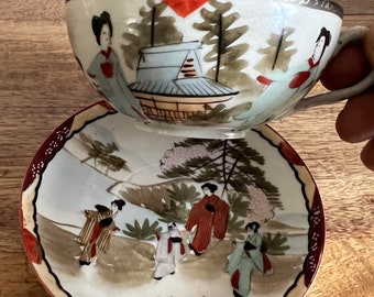 Japanese Kutani egg shell porcelain hand painted cup and saucer CS10