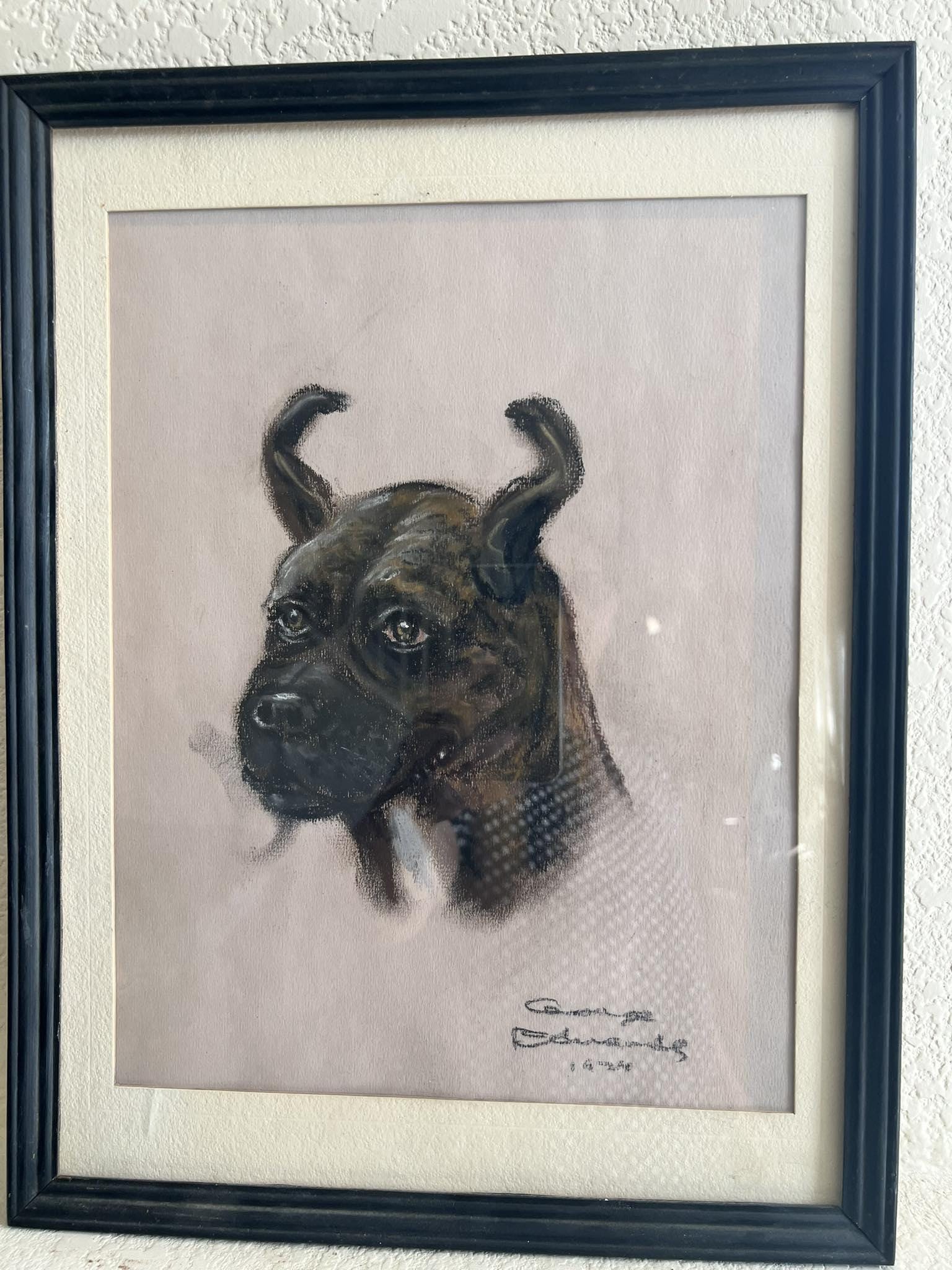 ボクサー犬のオリジナルヴィンテージ額入りパステル画 12.8インチ×17.5