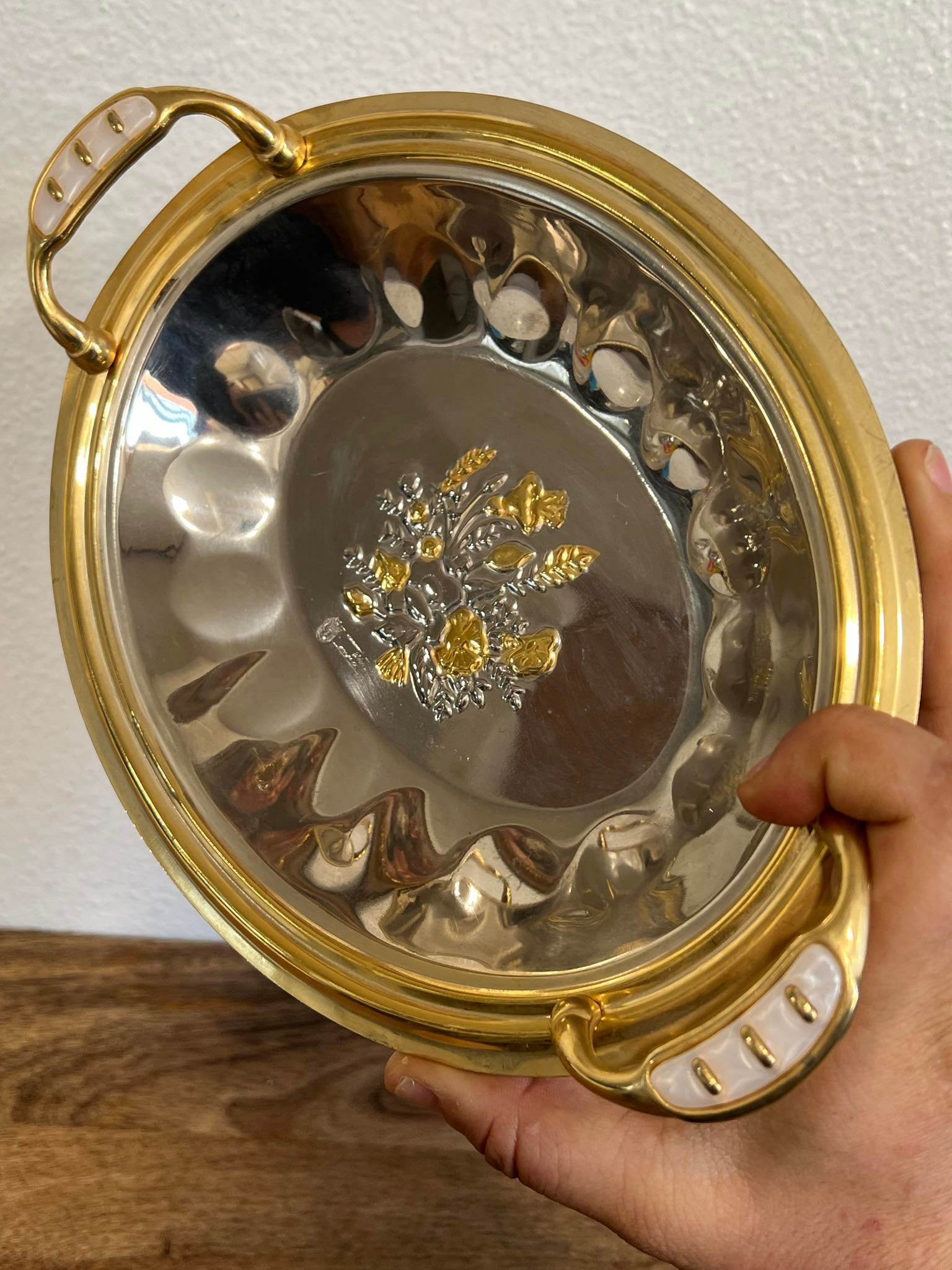 Vintage Etched Gold Floral Inox 18/10 Steel Serving Bowl, Italian