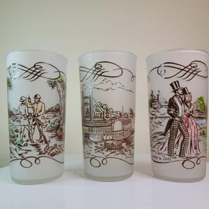 Vintage Set of 3 Frosted Glasses by Currier & Ives with Classic  Scenes, Vintage Tumblers, Made in USA