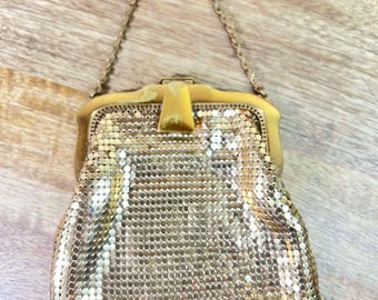 Whiting & Davis Art Deco Gold Metal Mesh Purse, 1920s Flapper Bag