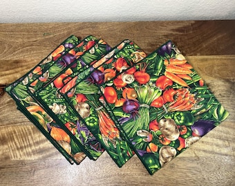 Servilletas de tela vintage, juego de 4, estampado vegetal, algodón, años 80, Joan Messmore