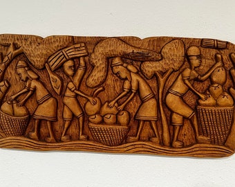 African Wood Plaque - Caribbean Wood Carving Harvest Scene 21''x11'' A12 0823