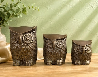 Mid Century Brass Owls Leonard Silver Korea Set of 3