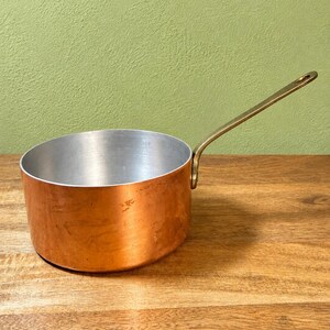 Pentola vintage francese in rame stagnato con manico in ottone, prodotta in Francia, 14,6 cm (5,75 pollici).