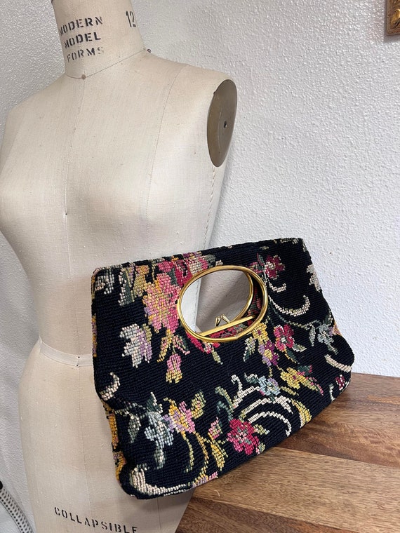 Vintage  Needlepoint Black Floral Wicker Bag handb