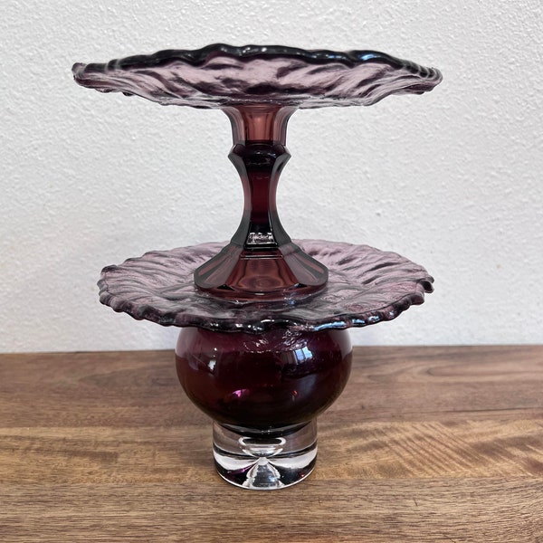 Vintage  Glass Cake Stand, 2 Tier Stand Hand Made (remodeling?) 9.5''