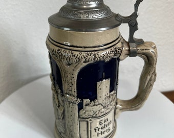 Glazed Beer Stein, Stoneware Beer Mug, Beer Festival tankard with silvered metal lid , West Germany 8.5''  A36