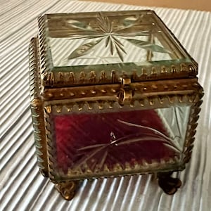 French Antique Casket Jewelry Trinket Box - Gold Ormolu- Thick Bevel Rounded Glass on All Sides, Presentation Box, Antique gift.