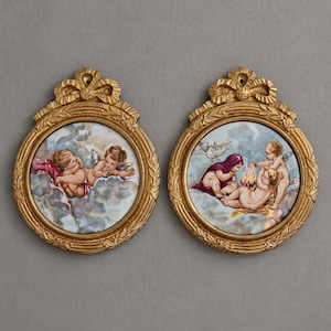 Conjunto de cuadros de querubines estilo Boucher vintage, arte mural de ángeles en miniatura, marcos ornamentados.